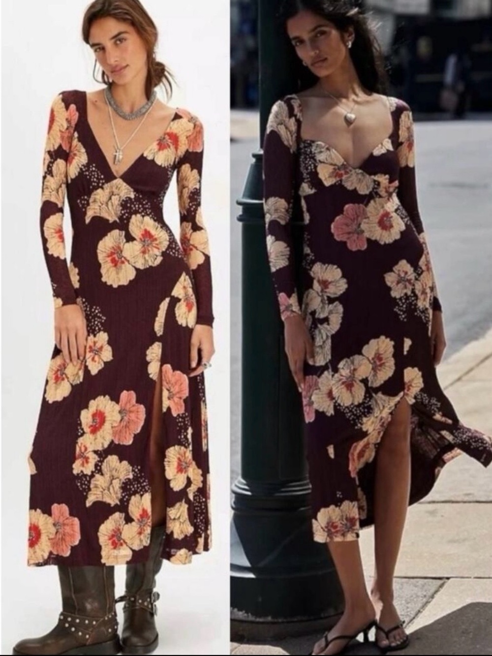 Free People Calla Midi Maxi Dress in Plum Combo Small Edgy Floral 90s Bohemian